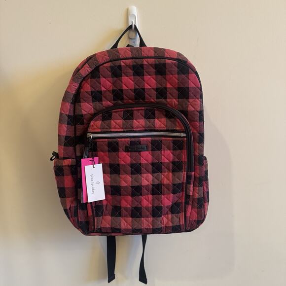 NEW Vera Bradley Iconic Campus Backpack Garnet Buffalo Check Christmas Red Plaid - Picture 2 of 16
